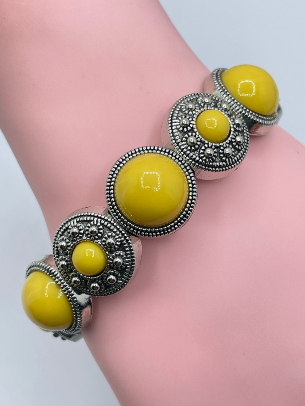 Silver Tone Yellow Acrylic Cabochon Stretch Bracelet Statement
